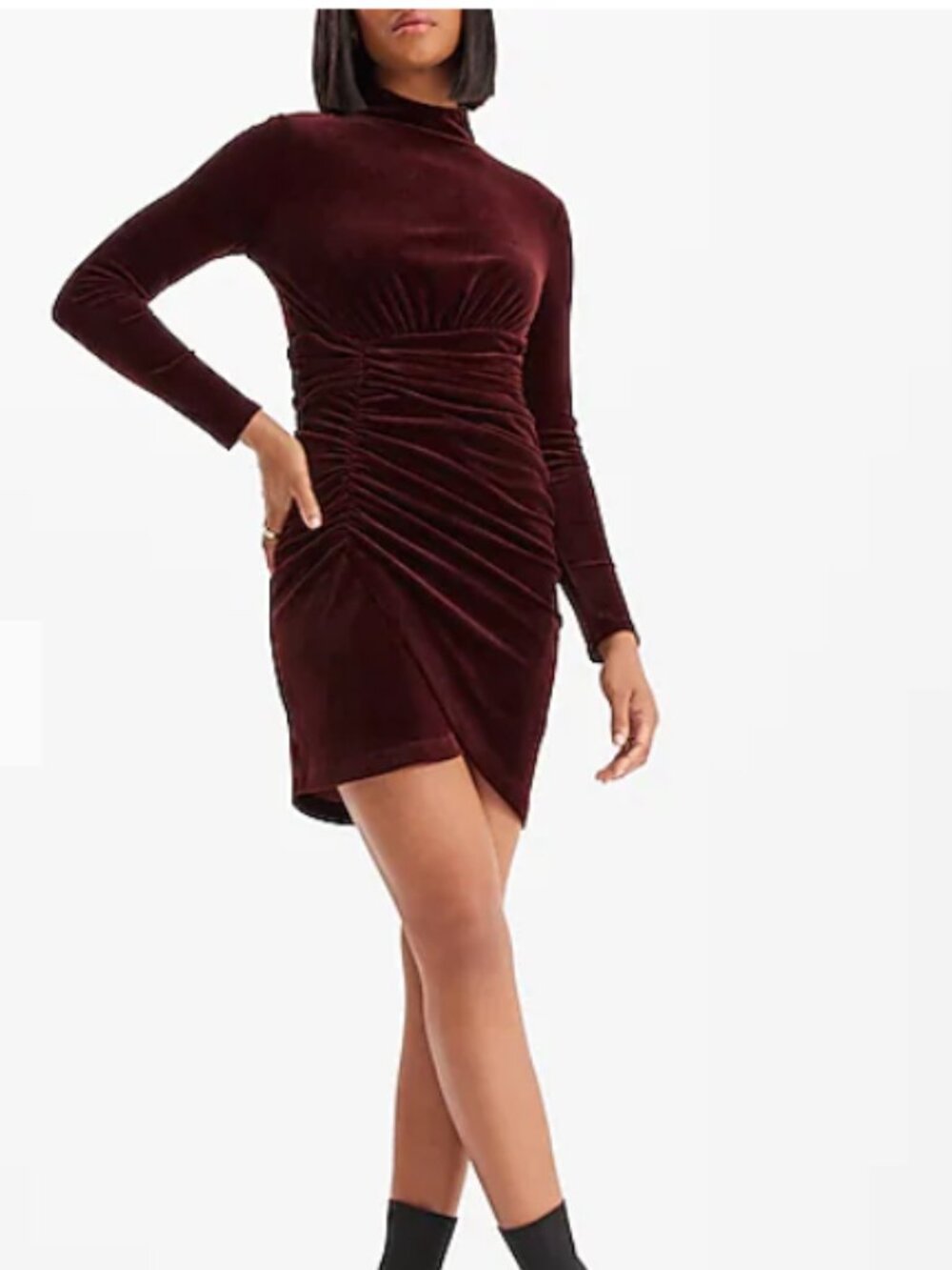 New EXPRESS Velvet Body Contour Mock Neck Ruched Mini Dress Brown Women's Large
